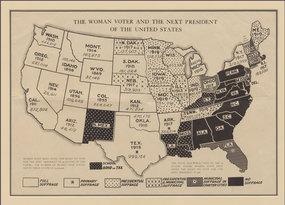 Map of states with women's suffrage status